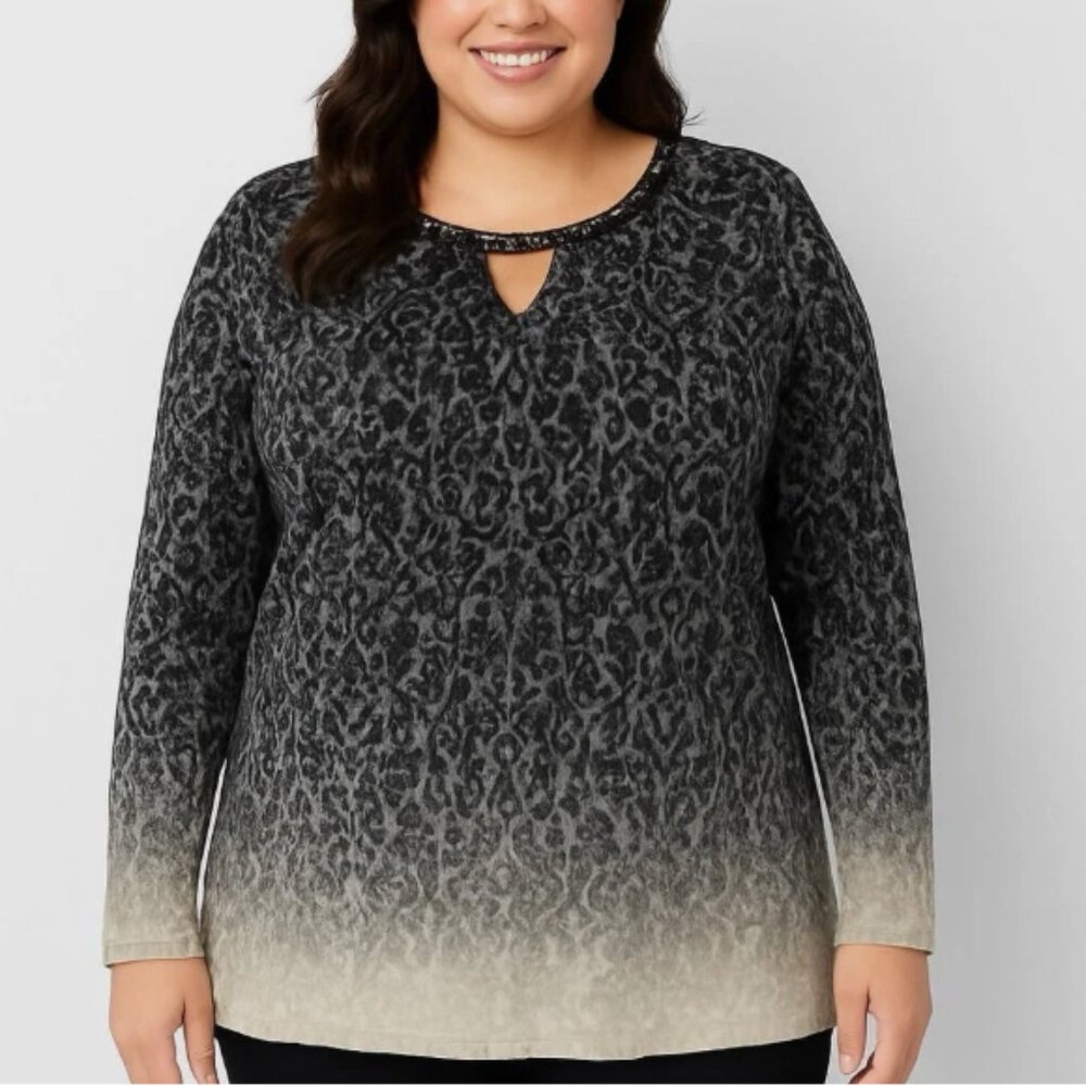 Catherines Plus Size 4X Paisley Top Black Gray Ivory Long Sleeve Studded Keyhole